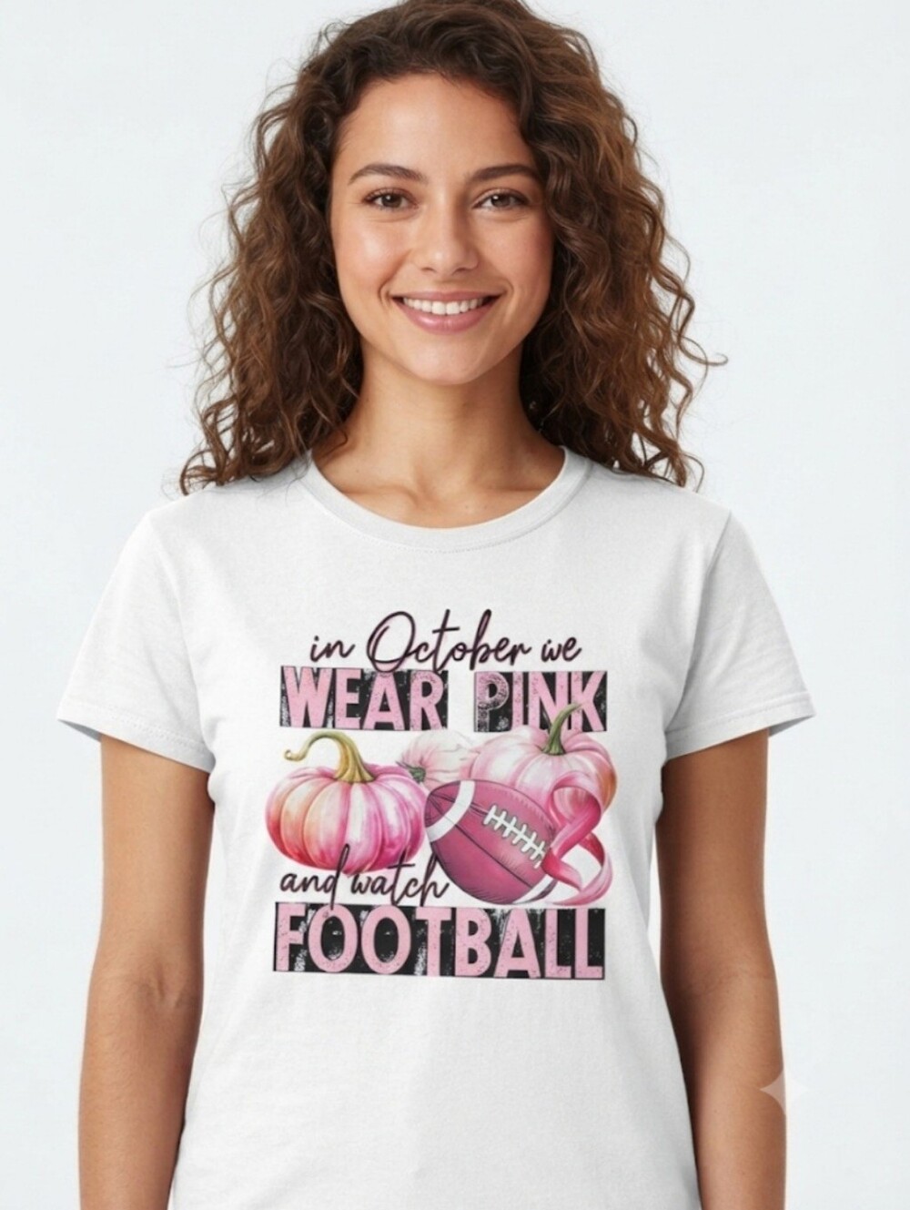 Hand Crafted OOAK Upcycled Pink Football Breast Cancer T-Shirt Size M White DTF